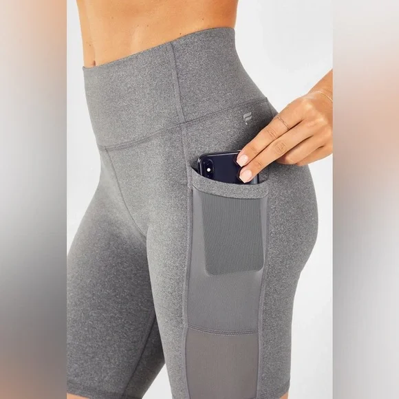 Fabletics Gray Bike Shorts High-Waisted Meshy Pockets Stretchy Active Comfort - Picture 2 of 9